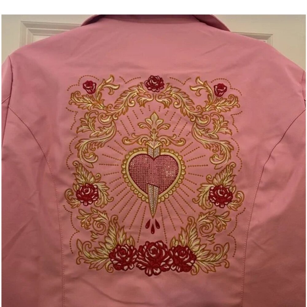 NWOT Sugar Thrillz Faux leather Embroidered Pink moto Jacket - Picture 3 of 4